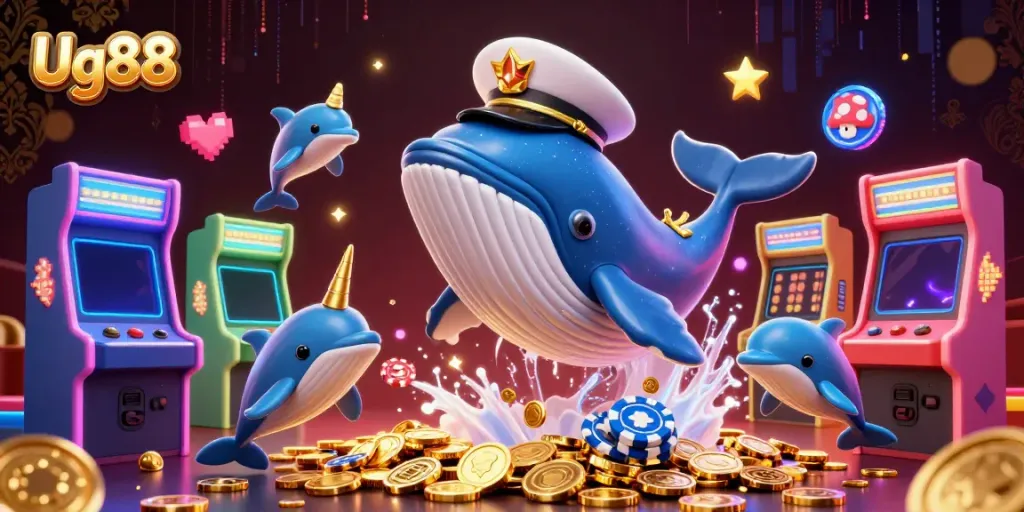 Experience Ug88's exciting casino atmosphere with playful whales and dolphins amid golden coins.