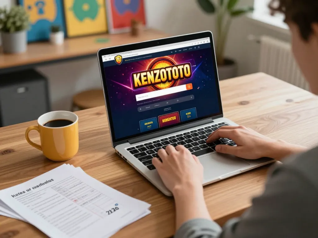 Pemain mengakses halaman login kenzototo di laptop, menangkap kegembiraan perjudian online.