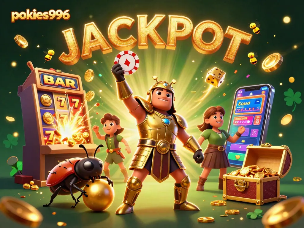 Experience pokies996 with vibrant characters and dynamic casino elements, showcasing a jackpot celebration.