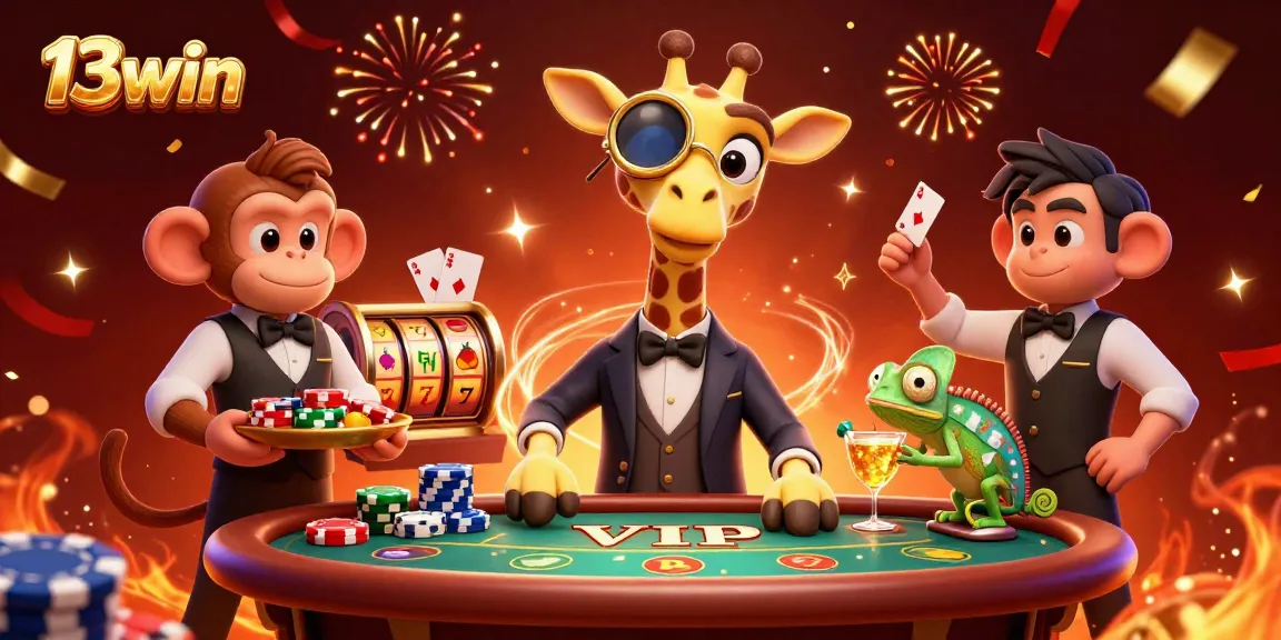 Engage with 13win in a vibrant scene featuring a high-roller giraffe at the poker table with festive casino elements.