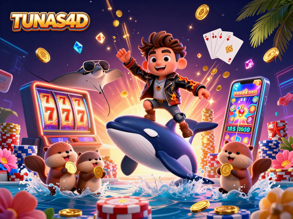 TUNAS4D captures a lively gaming scene with a playful orca whale, stingray, and otters enjoying slot gaming amidst golden coins and jackpot excitement.