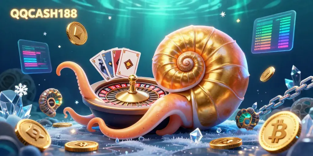Engage with QQCASH188's vibrant 3D casino illustration showcasing a giant nautilus roulette wheel surrounded by glowing cryptocurrency elements.