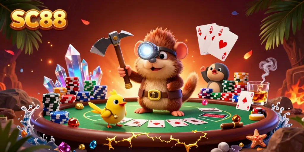 Engaging SC88 casino scene with a treasure-hunting mole and canary amidst poker elements.