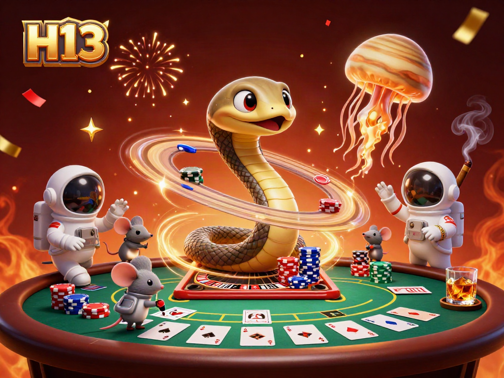 Join the exciting H13 roulette scene with astronaut mice placing bets in a cosmic casino.