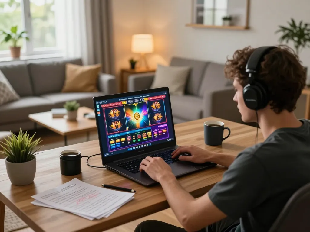 Engaging in slot online gaming at home with strategic notes and a laptop setup