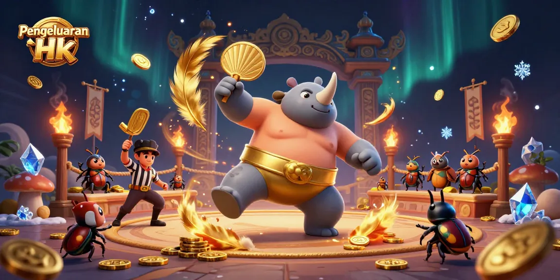 Engage in 'Pengeluaran Hk' as a rhinoceros beetle sumo champion powers through a dynamic gambling scene.