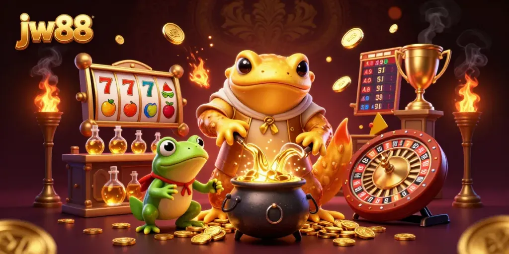 Engage with jw88's vibrant casino scenes featuring golden alchemists and spinning slot reels.