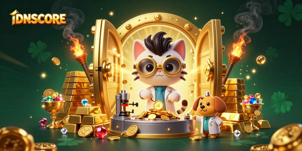 Experience thrilling gaming at IDNSCORE with a vibrant 3D illustration of mad scientist characters and casino elements.