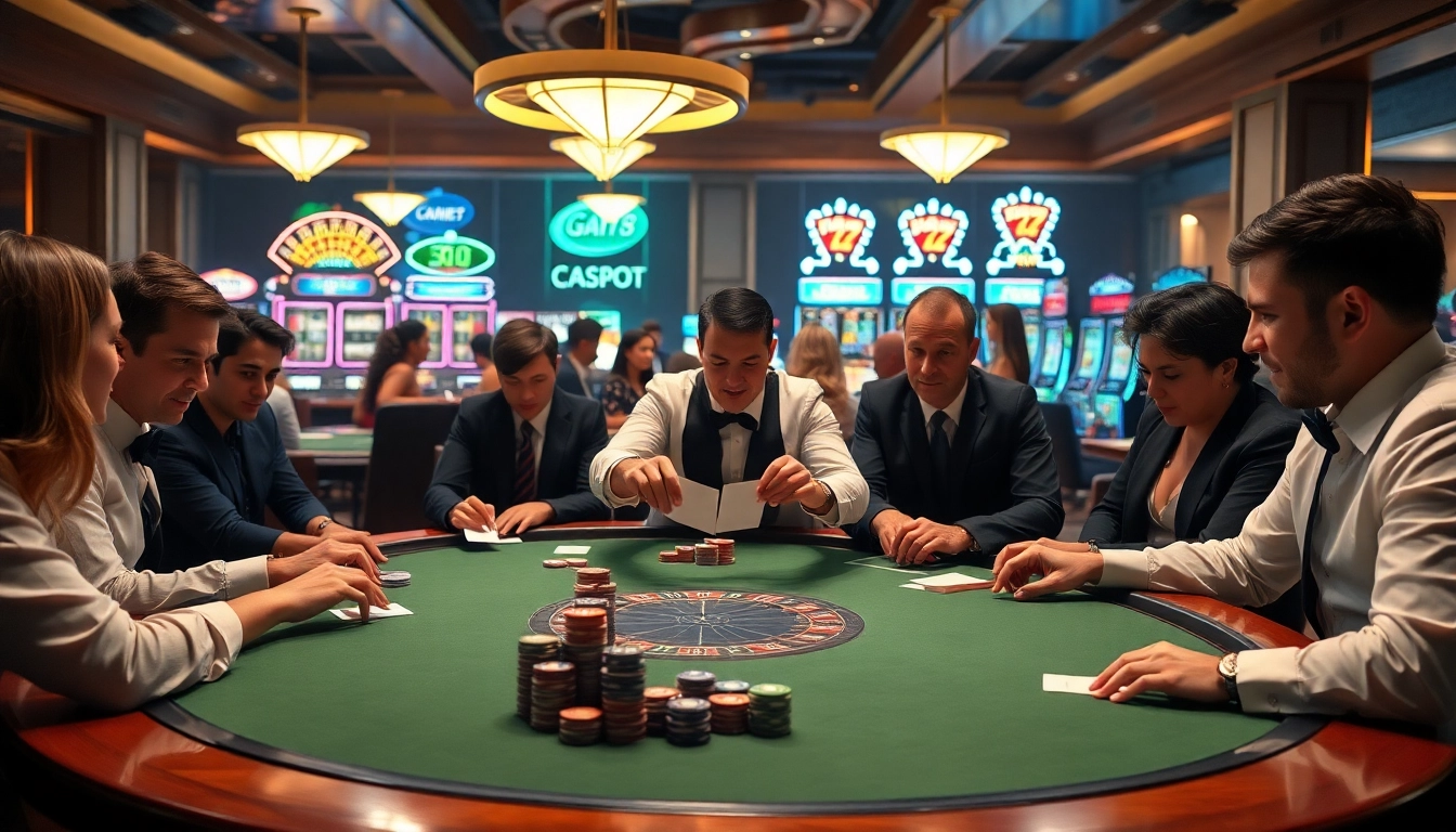 Casino scene at https://go8.live/ showcasing an intense poker game with engaged players and betting chips.