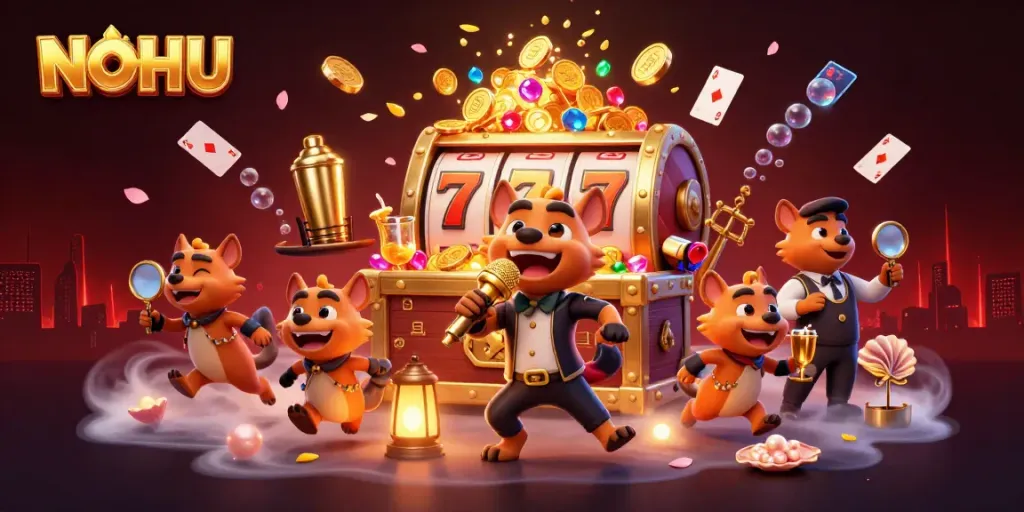 Engaging illustration of NOHU's vibrant comedy casino club, showcasing lively hyena characters and dynamic game elements.