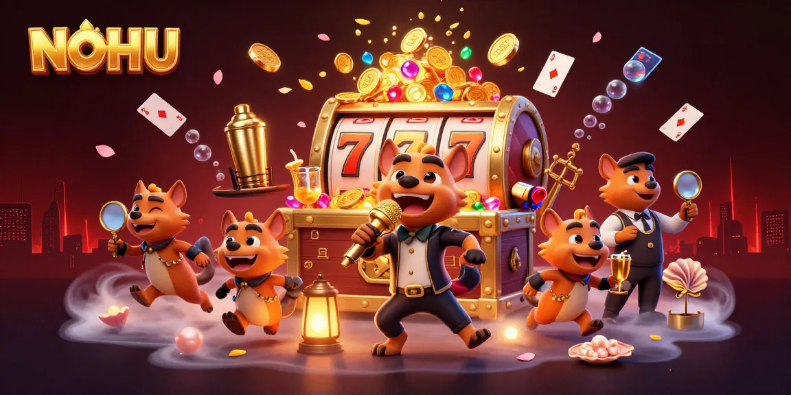 Engaging illustration of NOHU's vibrant comedy casino club, showcasing lively hyena characters and dynamic game elements.