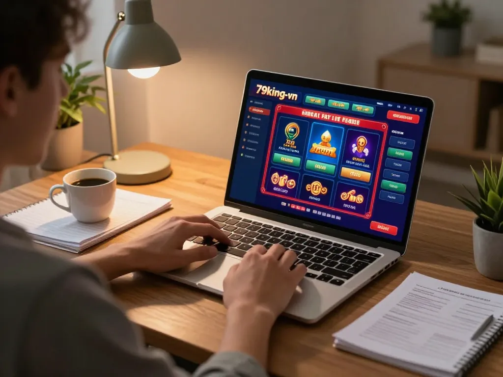 Player enjoying online gaming at 79king-vn with laptop, showing strategy notes and a coffee.