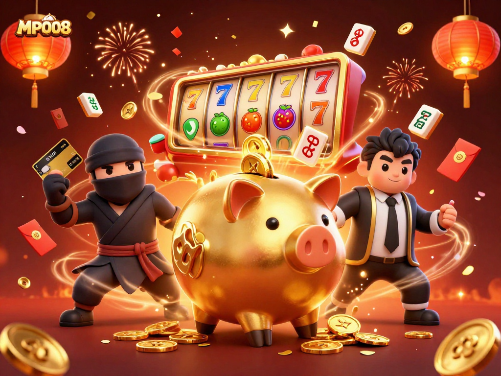 MPO08 brings luck with a golden piggy bank giant, emitting coins in a festive casino scene.