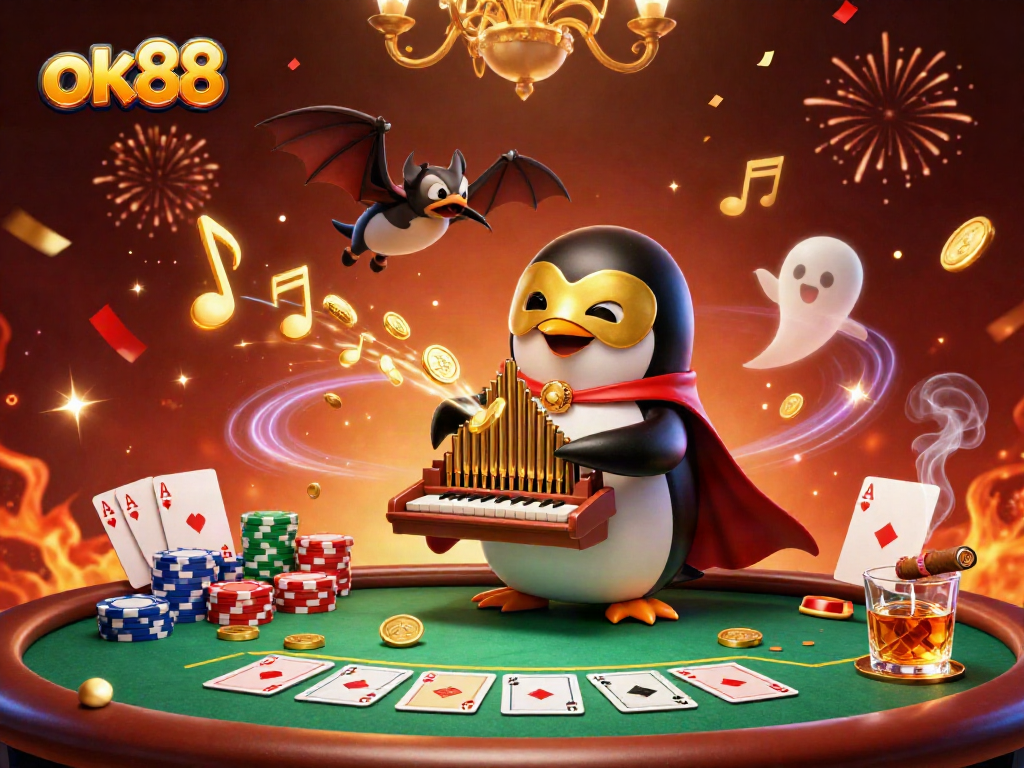 At ok88, experience thrilling gameplay with a 3D phantom opera penguin entertaining a lively casino scene.