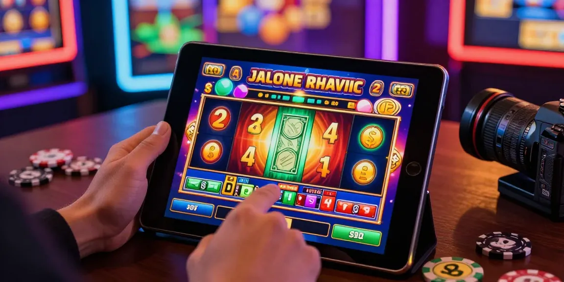 Exciting online gaming atmosphere featuring situs slot raffi ahmad on a tablet with vibrant slot reels and colorful gaming elements.