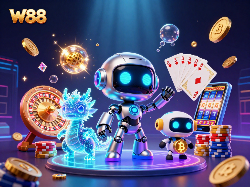 Engage with W88's vibrant world of online gambling featuring a dynamic 3D illustration.