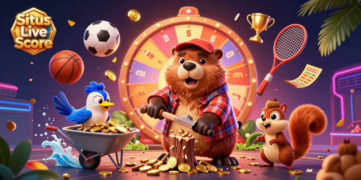 Situs Live Score showcasing a lively scene of sports-themed elements including a beaver and bird amidst vibrant visuals.