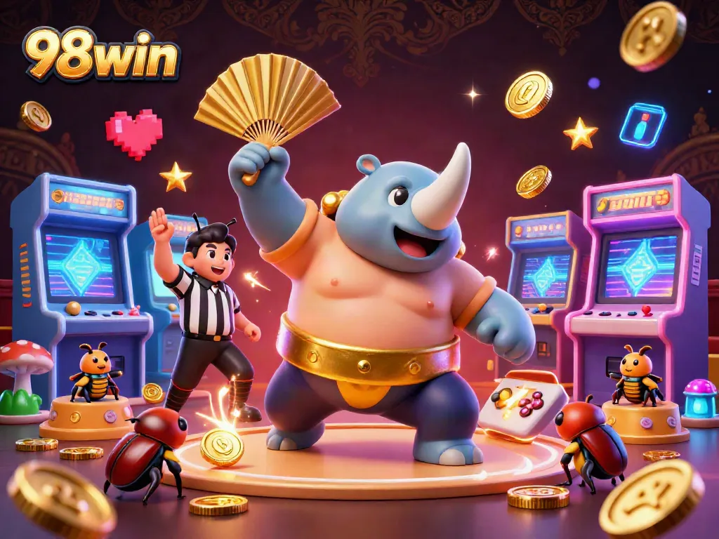 Experience the excitement at 98win as the beetle champion wins big, surrounded by vibrant gaming elements.