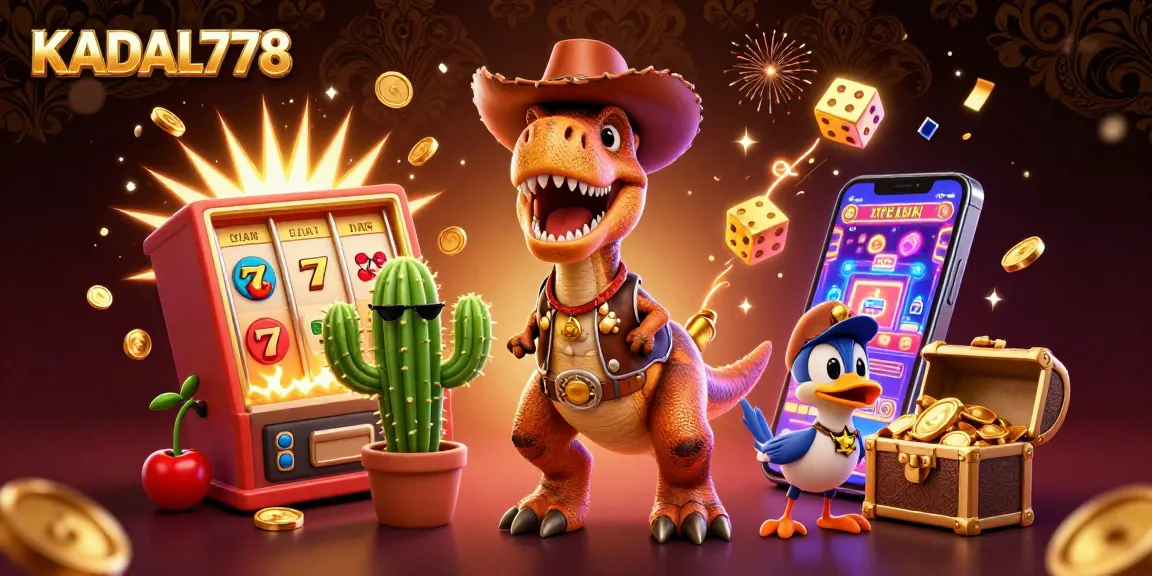 KADAL778 presents an action-packed scene with a T-Rex cowboy, cactus sidekick, and roadrunner in a vibrant casino explosion.