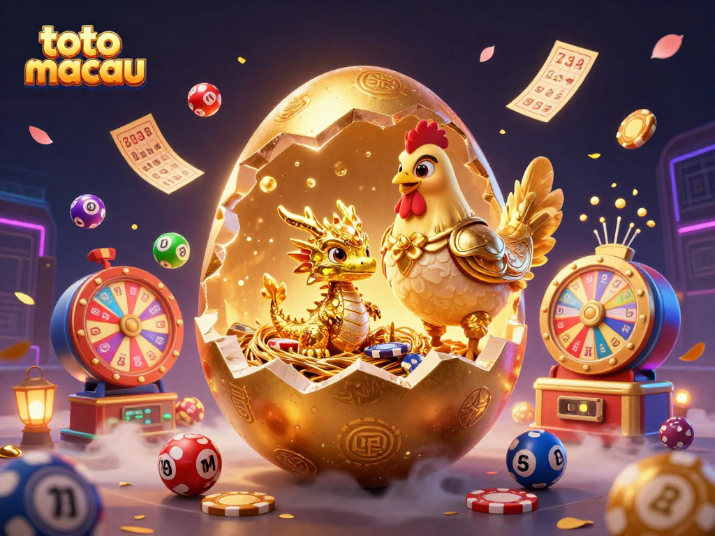 Experience thrilling toto macau action with golden dragon and festive lottery elements in this vibrant casino scene.