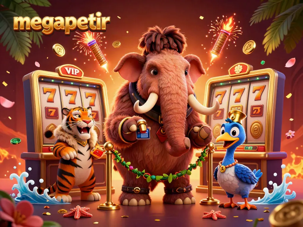 Megapetir menghibur pemain dengan tampilan kasino bergaya kartun yang penuh warna dan slot reel yang bersinar.