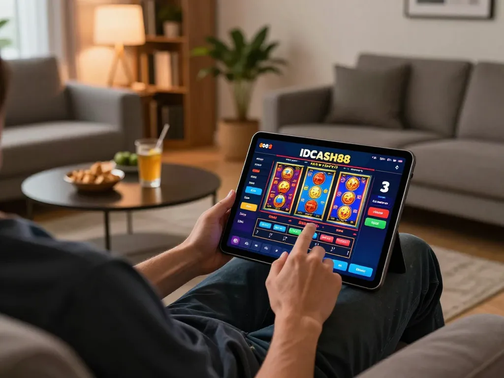 Person enjoying IDCASH88 online gaming on a tablet in a cozy living room.