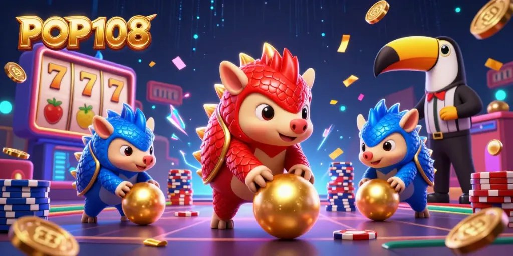 Playful scene with rival pangolins in POP108 engaging with slots, poker chips, and vibrant casino elements.