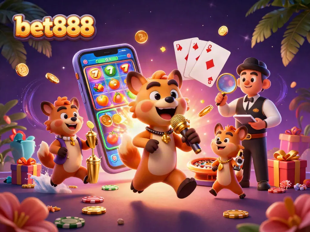 Experience thrilling gameplay at bet888 with energetic hyena characters in a vibrant casino scene.