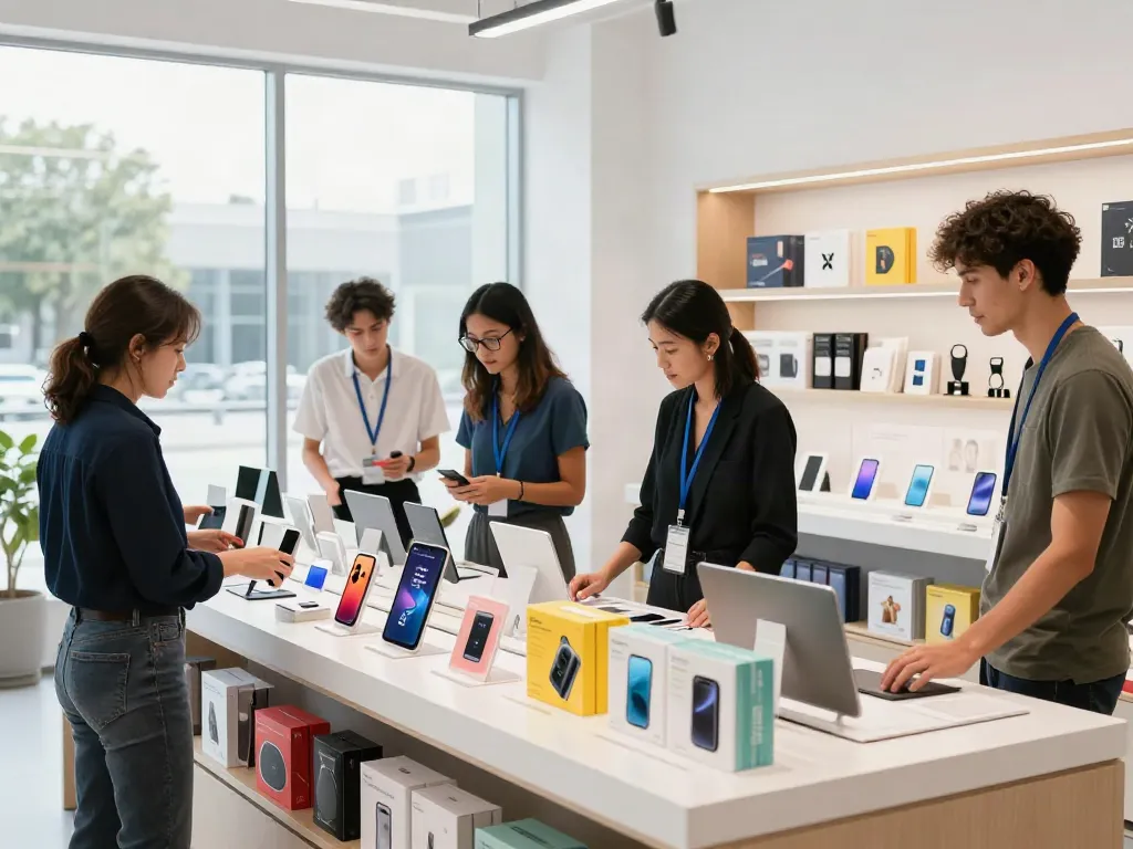 Engaging team arranging diverse produk in a modern retail environment.