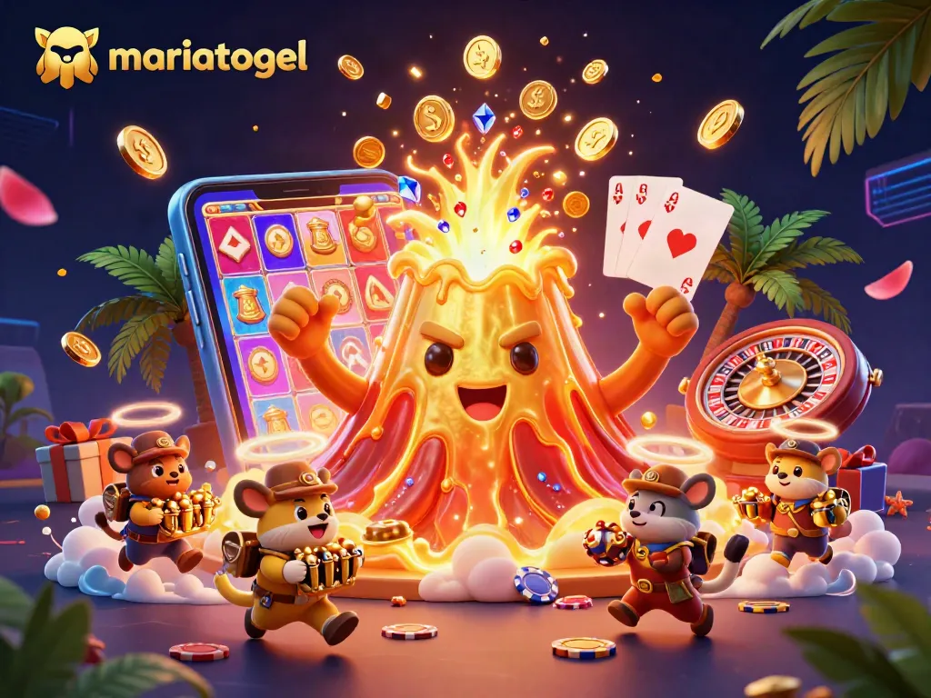 Mariatogel showcases a dynamic scene of a golden volcano erupting with coins and treasure, symbolizing gaming excitement and rewards.