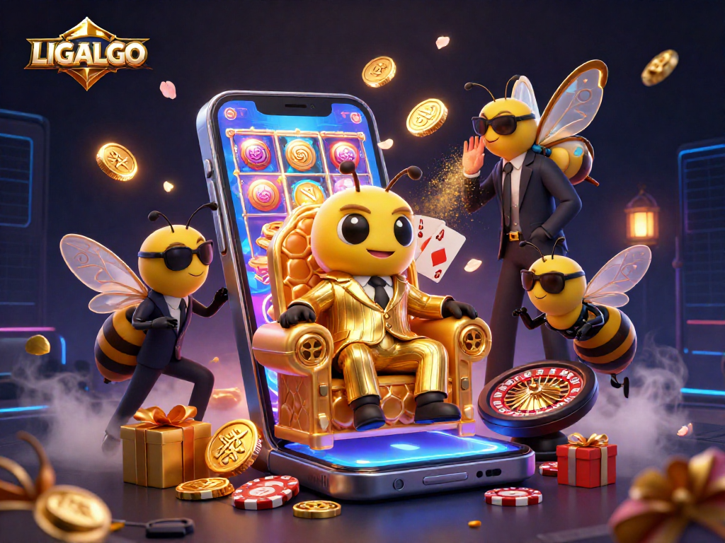 LIGALGO offers vibrant gaming experiences with a busy scene featuring a bumblebee mob boss and dynamic slot games.