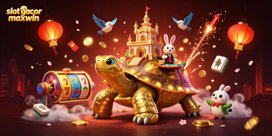Visualisasi slot gacor maxwin dengan kura-kura emas dan dealer kelinci di kasino mini.