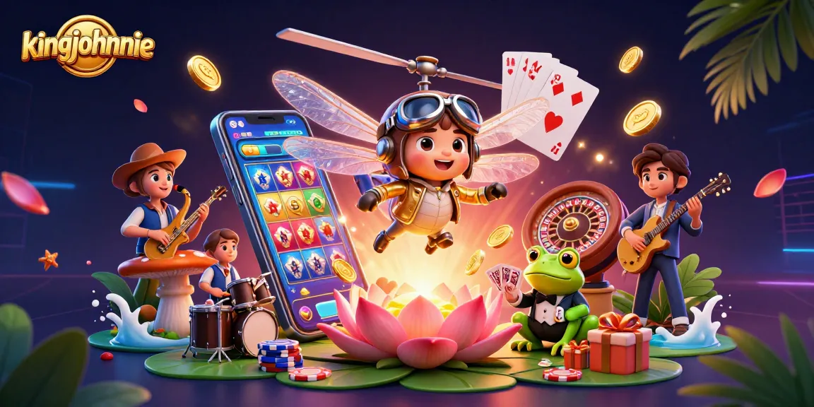 Experience thrilling moments with kingjohnnie at a vibrant lily pad casino with colorful gaming elements.