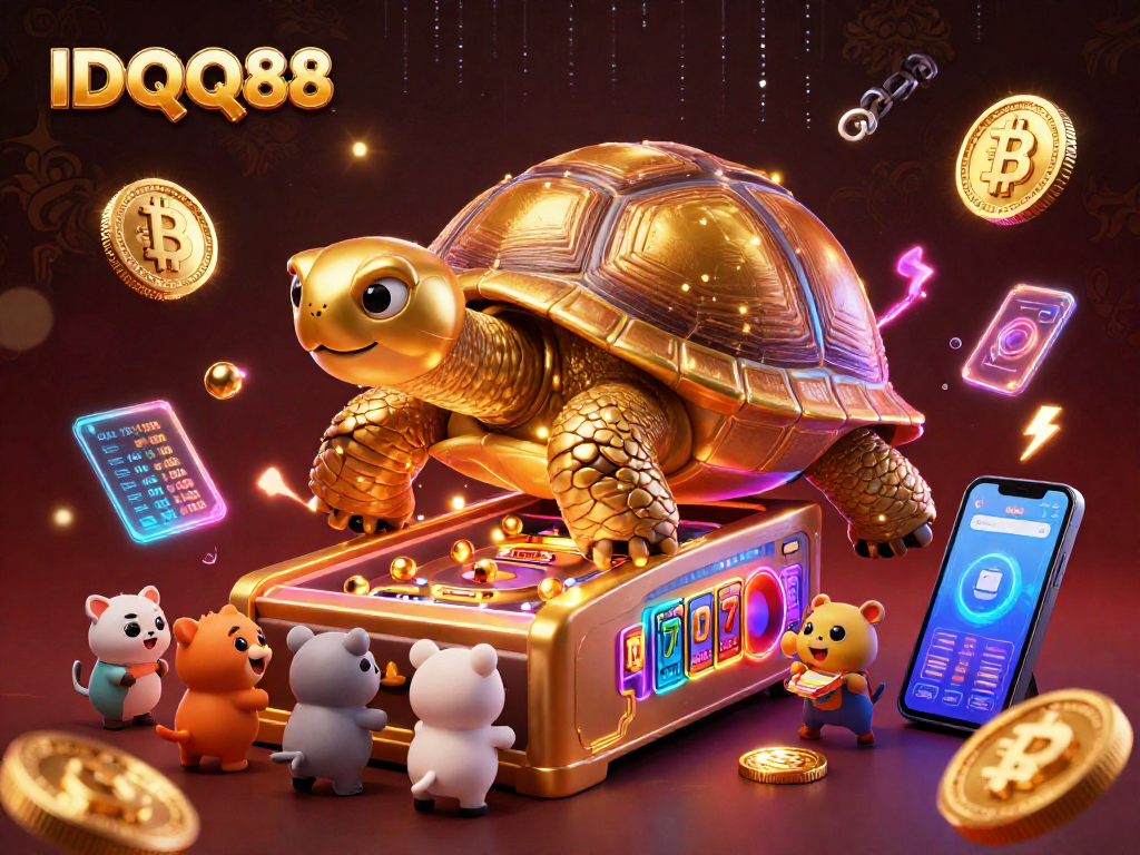 Engage with IDQQ88 by exploring a vibrant 3D gambling scene featuring a playful tortoise and cryptocurrency elements.