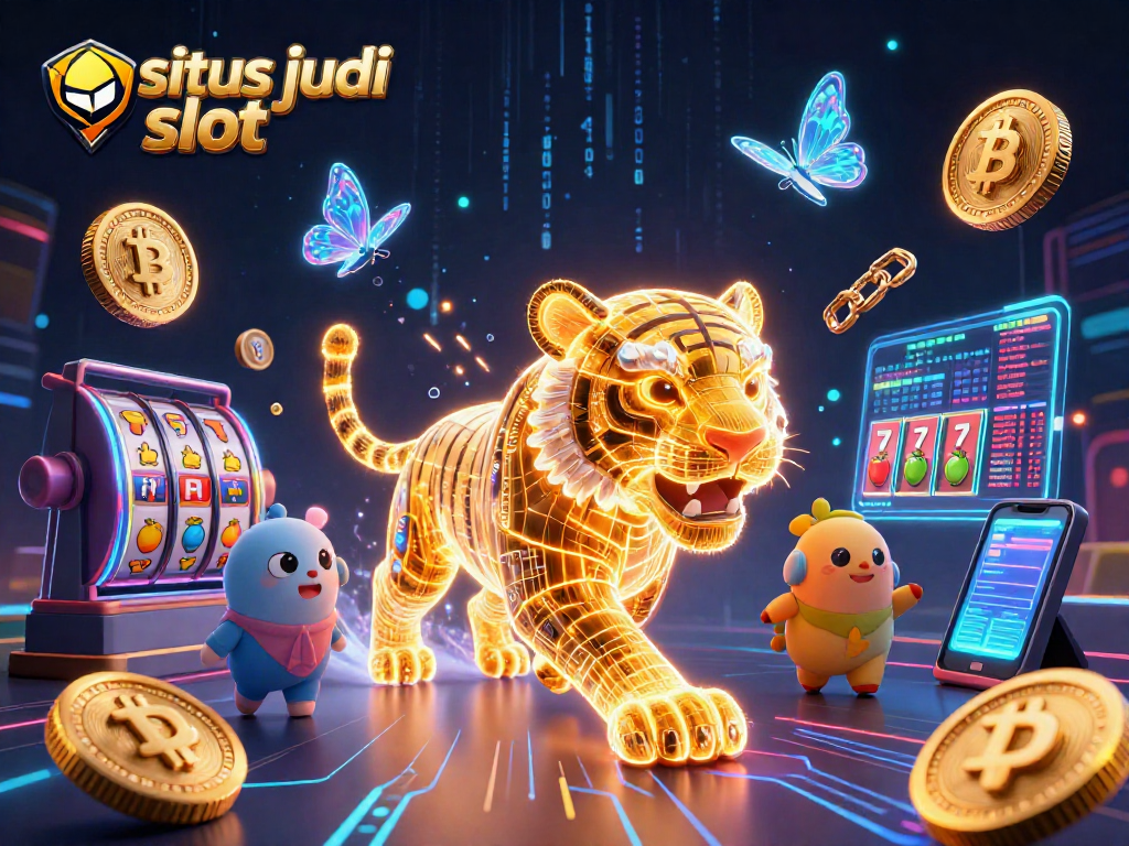 Menggambarkan situs judi slot dengan simbol slot dan jackpot, mengundang pemain ke dalam suasana kasino.
