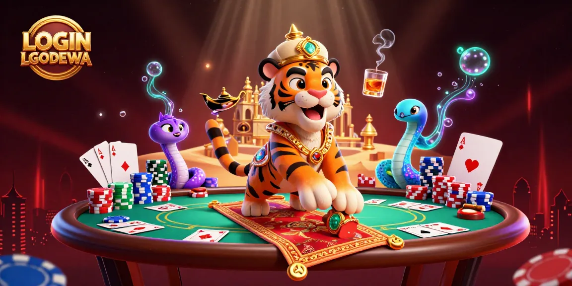 Experience the thrill of LOGIN LGODEWA with a vibrant casino scene featuring a magical sultan and poker elements.