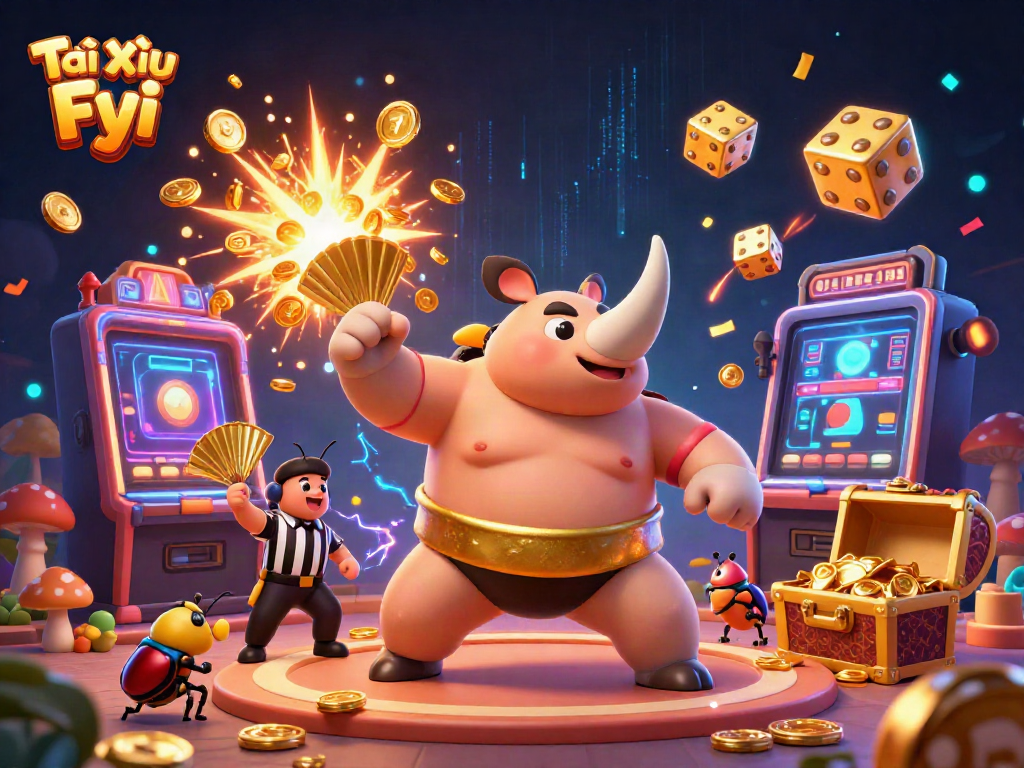Experience vibrant Tài Xỉu Fyi gaming with a dynamic scene of obstacles and rewards in casino-themed illustration.