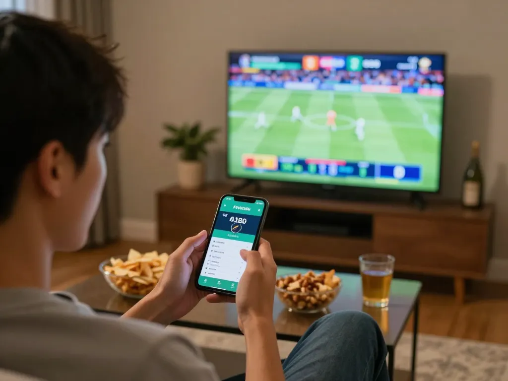 Engaged bettor using Fun88 app for live sports betting in cozy home setting.