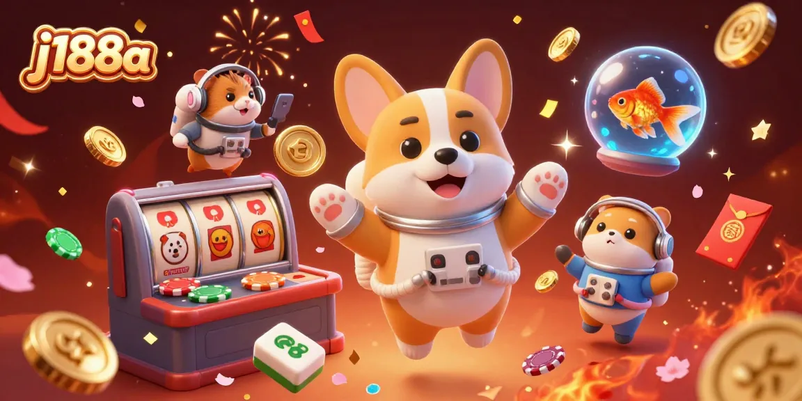 Experience the vibrant action of j188a with a 3D circus scene highlighting an astronaut corgi among casino elements.