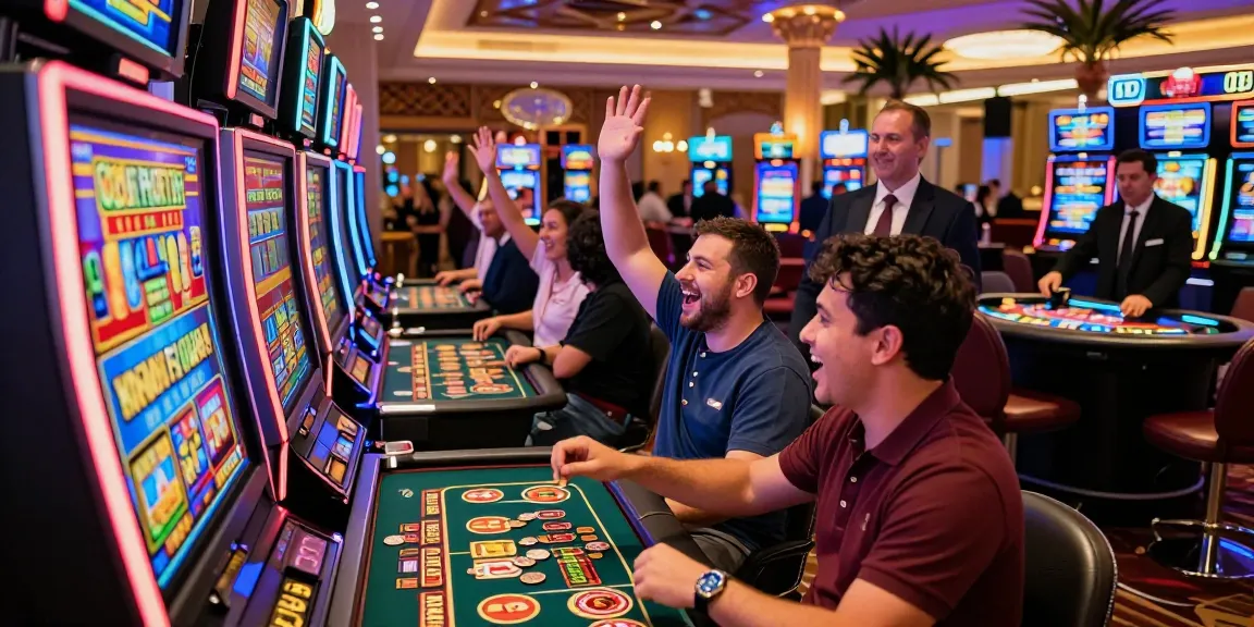 Exciting casino scene with players enjoying slot gacor games, showcasing vibrant atmosphere and joyful moments.
