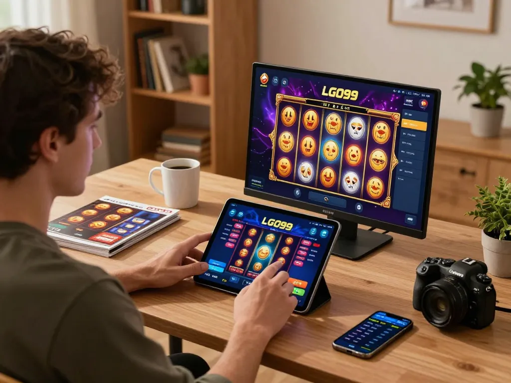 LGO99 player enjoying a slot game on tablet in cozy home gaming setup
