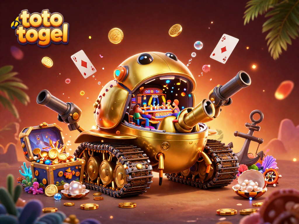 Mengikuti toto togel, mobil tank keong emas membuka kasino mini, dikelilingi harta karun laut dan kartu bermain.
