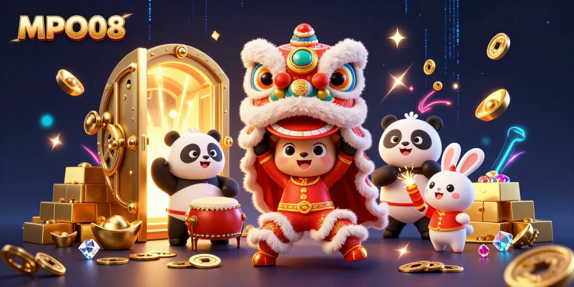 MPO08 offers an engaging scene with a colorful lion dance, gold treasures, and festive elements in a vibrant casino setting.