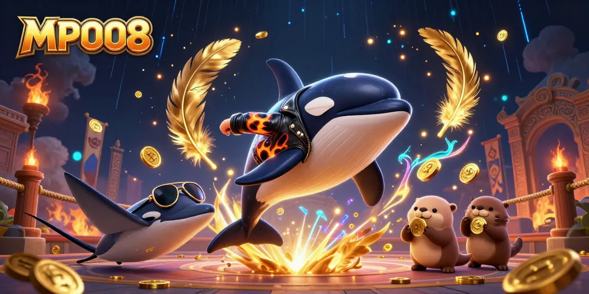 MPO08 Casino themed illustration showcasing a vibrant orca, stingray, and otters celebrating with gold coins.
