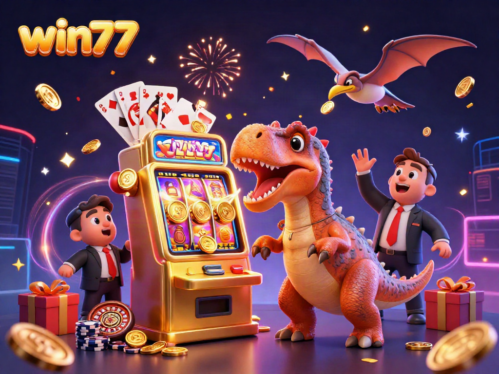 Menangkan jackpot di win77 dengan dinosaurus lucu dan mesin slot emas yang penuh koin!