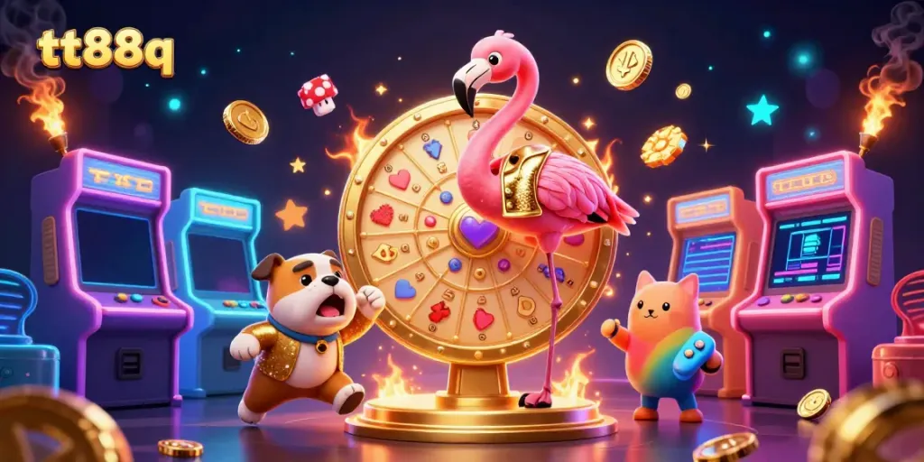 Join the fun at tt88q with a game show host flamingo, excited contestant bulldog, and prizes galore!