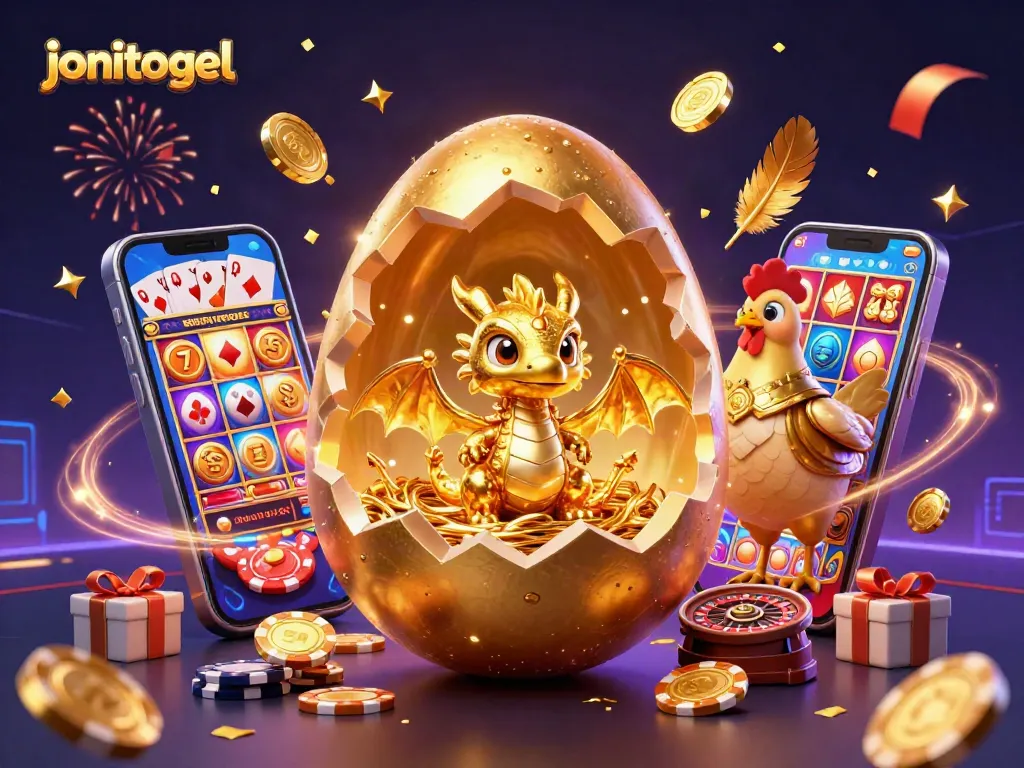 Experience jonitogel with a golden dragon guarding poker chips amidst an exciting slot game backdrop.