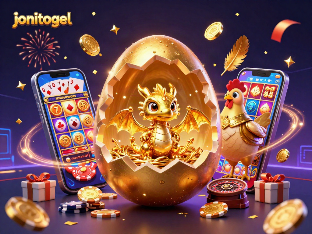 Experience jonitogel with a golden dragon guarding poker chips amidst an exciting slot game backdrop.