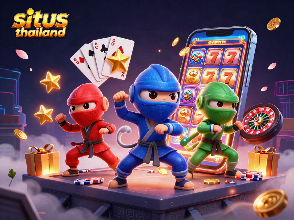 Situs Thailand showcases a vibrant scene of ninja chameleons amid slots and casino elements, symbolizing casino excitement.