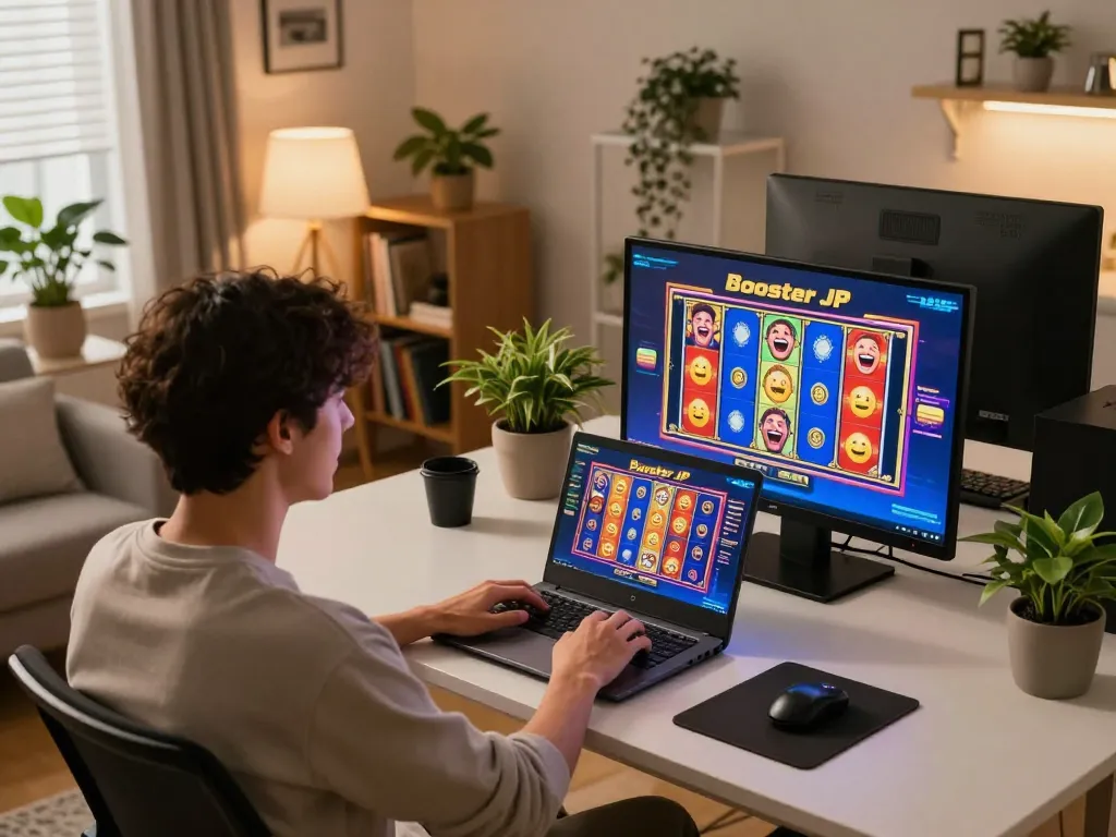 Enjoying a winning moment while playing on Booster JP slot online in a cozy home setting.